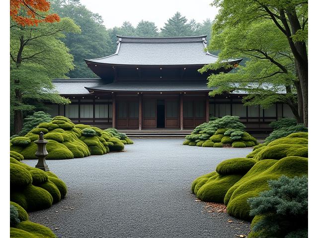 京都の苔むした美しい庭園と古い寺院、静寂な雰囲気